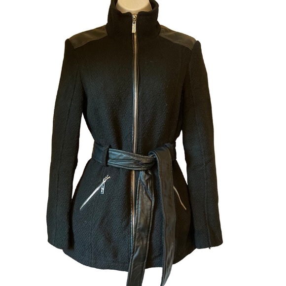 GUESS Wool Blend//Leather Zip Coat, X-Small - Picture 3 of 9